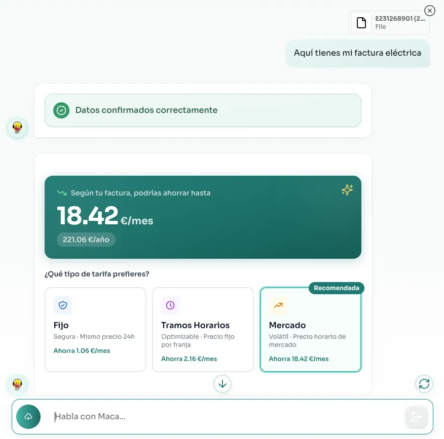 MacadamIA AI chat analyzing an electricity invoice and extracting consumption data