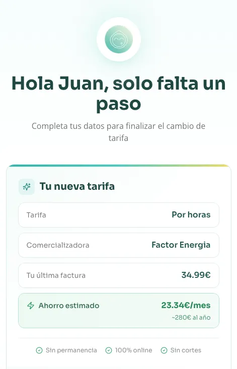 MacadamIA application completion page with tariff summary, savings estimate, and trust badges
