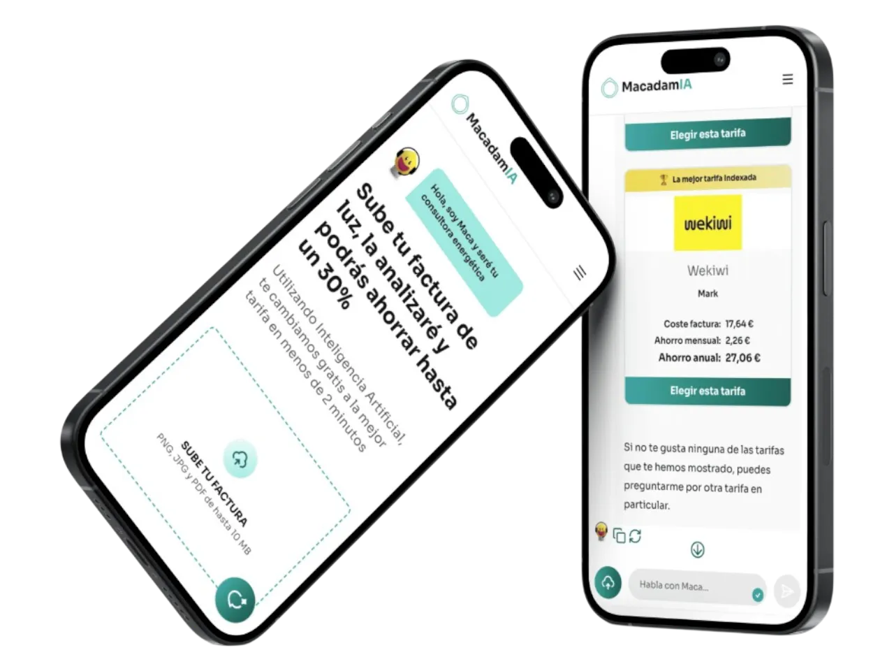 MacadamIA app showing AI chat and tariff comparison on mobile devices